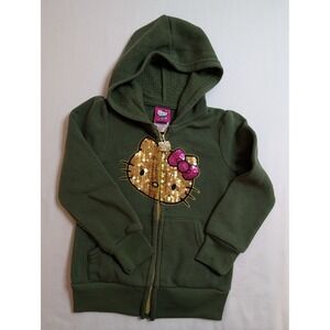 Kids Hello Kitty Sequin Hoodie Jacket Green Fleece Lined Zip Up Size 4